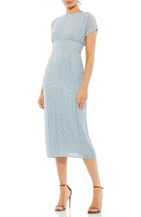 Beaded Cap Sleeve Column Midi Dress