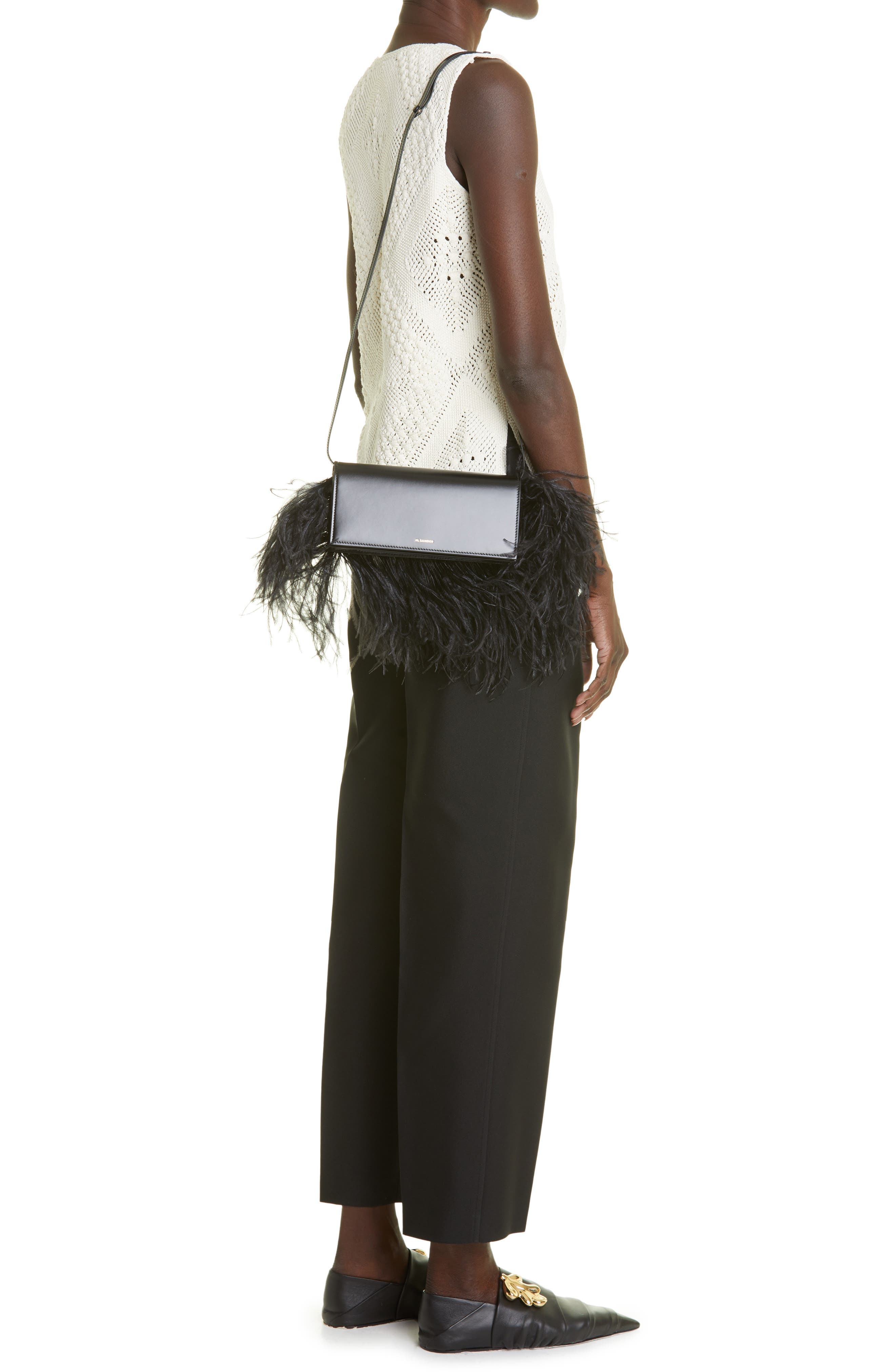 Jil Sander Feather Trim Clutch, Alternate, color, 