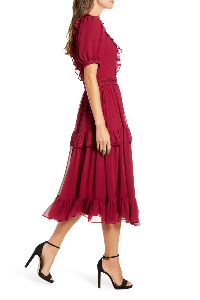 Tiered Ruffle Midi Dress, Alternate, color, BURGUNDY BEET