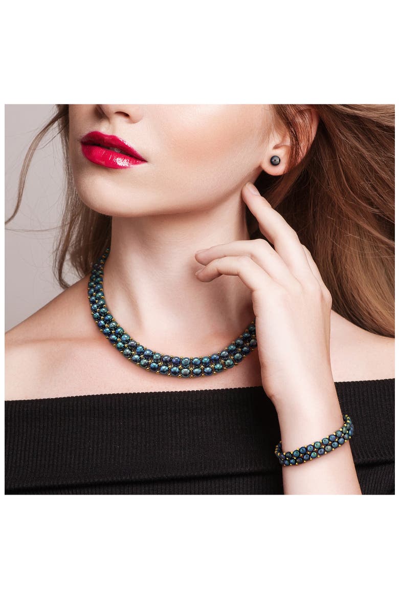 Set of 3 Cultured Freshwater Pearl Stud Earrings, Bracelet & Necklace, Alternate, color, BLACK