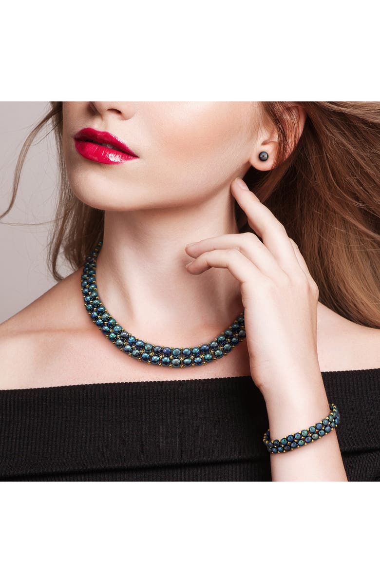 DELMAR Set of 3 Cultured Freshwater Pearl Stud Earrings, Bracelet & Necklace, Alternate, color, Black