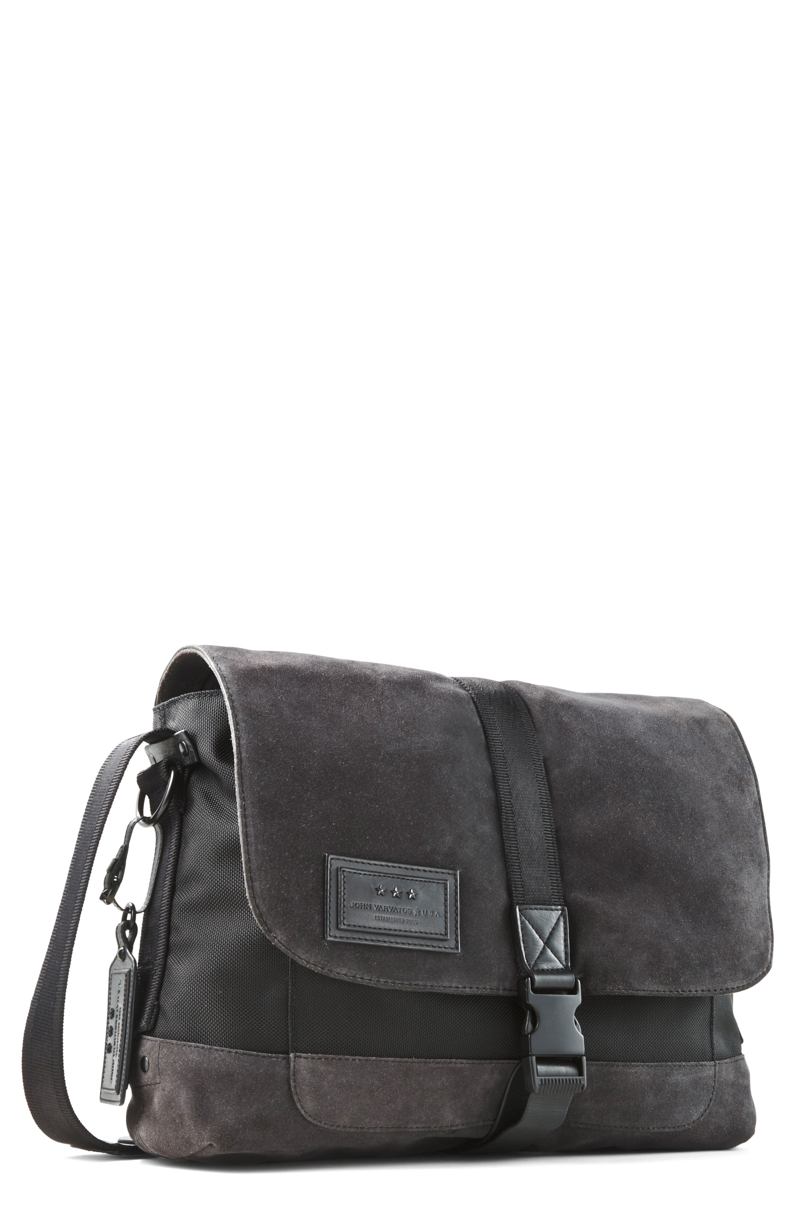 John Varvatos Star USA Suede & Ballistic Nylon Messenger Bag, Main, color, 