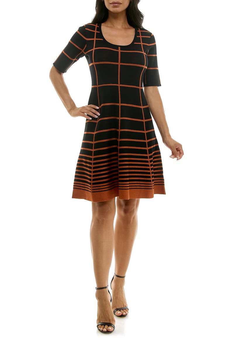 Elbow Sleeve Fit & Flare Sweater Dress, Main, color, BLACK/ SIENNA