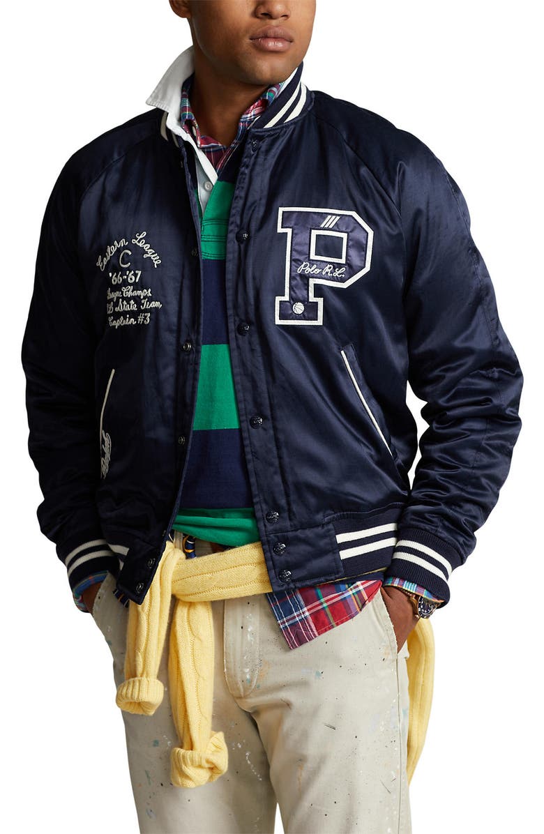Polo Ralph Lauren Satin Varsity Bomber Jacket, Main, color, Aviator Navy