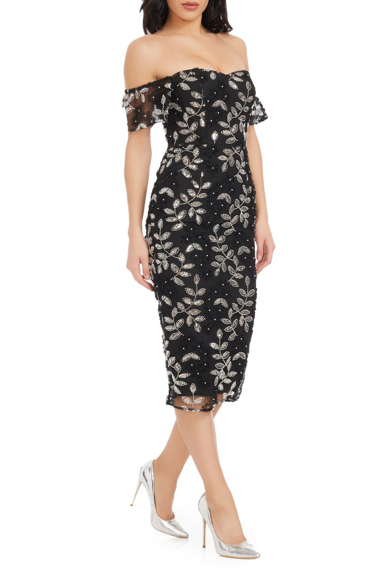 Tara Sequin & Beaded Off the Shoulder Cocktail Dress, Alternate, color, BLACK-SILVER