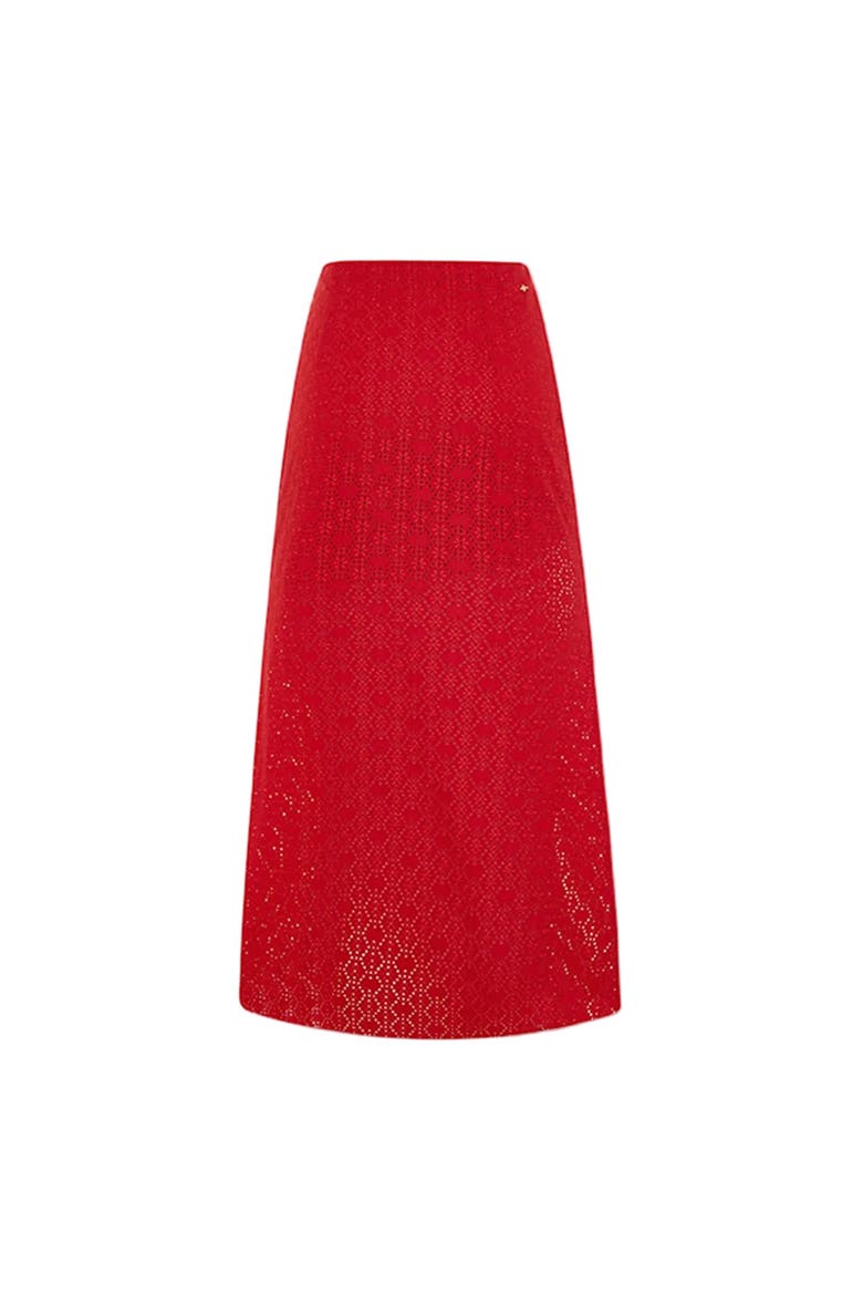 The Broderie Anglaise Edit Embroidered Midi Skirt With Side Slit And Ribbon Tie, Alternate, color, Red