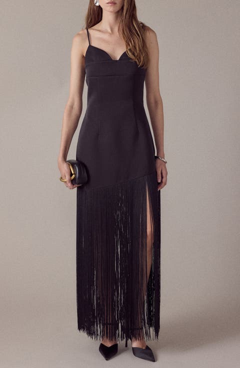 One-Shoulder Fringe Satin Maxi Dress