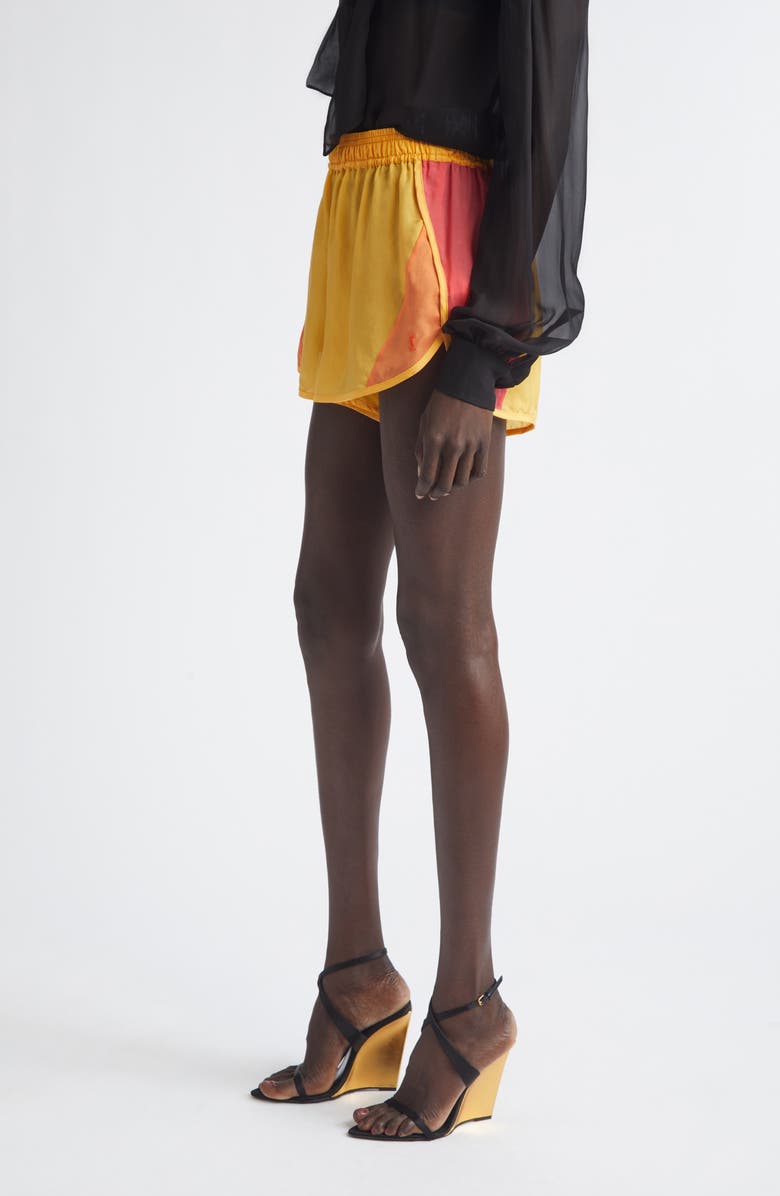 Saint Laurent Colorblock Cupro Mini Shorts, Alternate, color, Tournesol