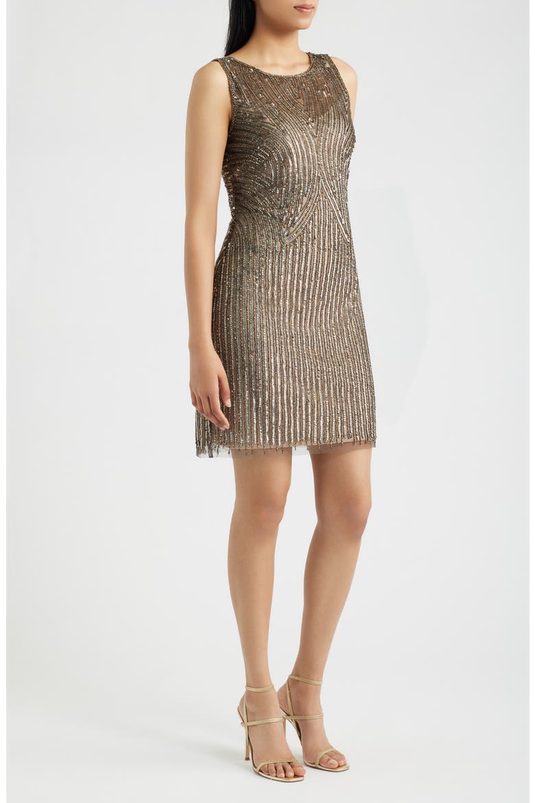 Beaded Sleeveless Cocktail Dress, Alternate, color, MOCHA/ GOLD SILVER