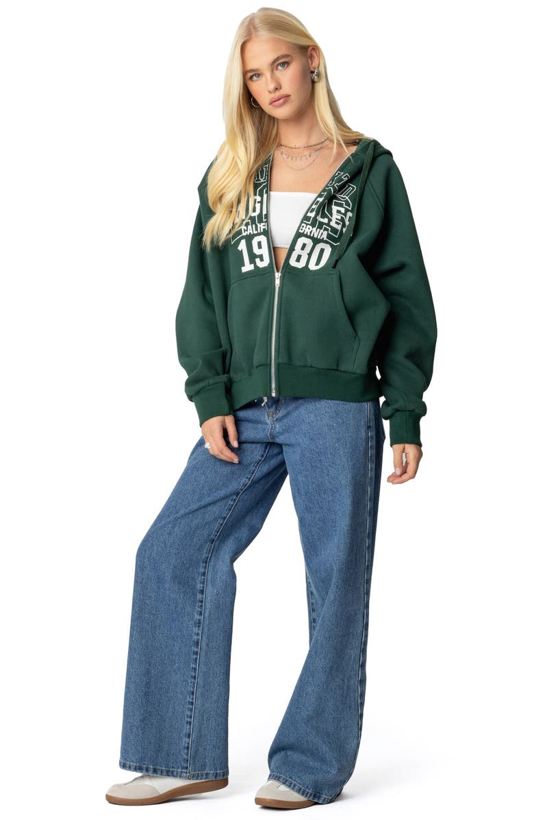 EDIKTED 1980 Graphic Oversize Zip Hoodie, Alternate, color, Dark-Green