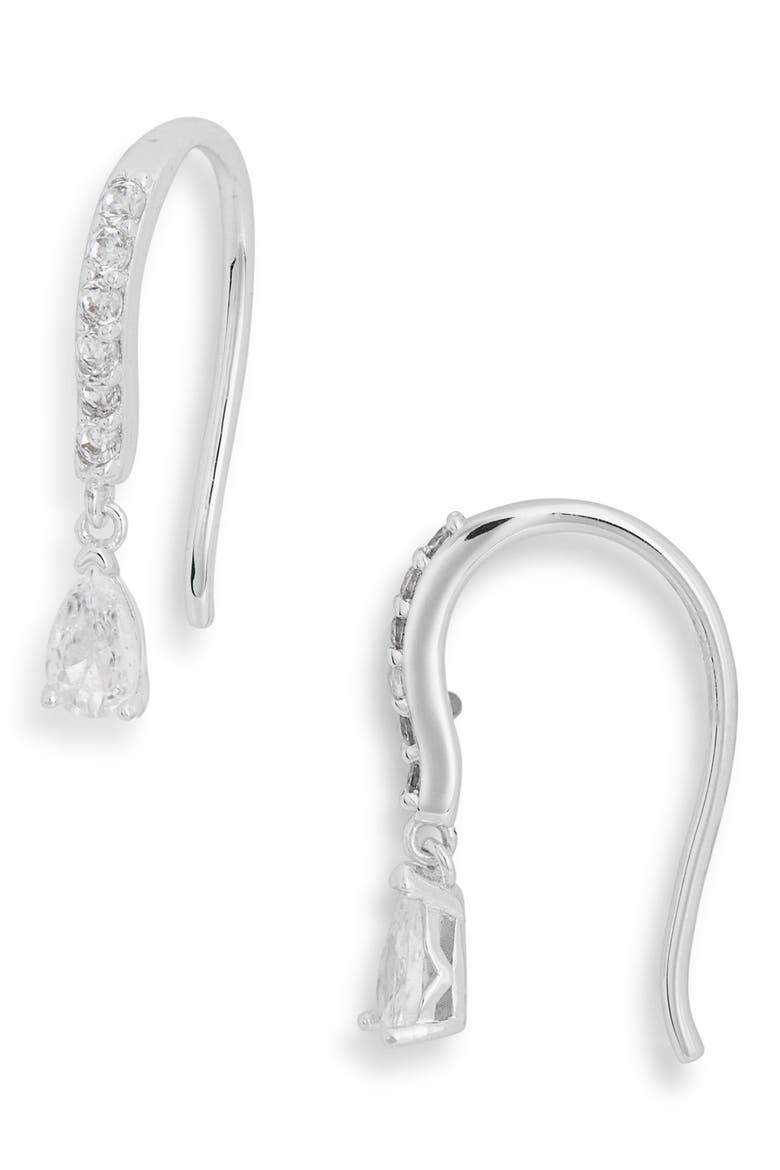 Dainty Teardrop Pavé Fish Hook Earrings, Main, color, CLEAR- SILVER