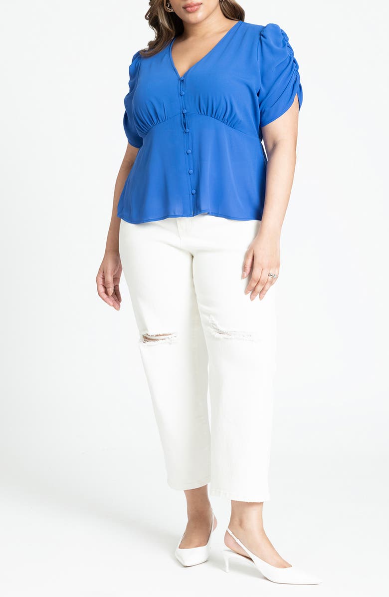 ELOQUII Shirred Sleeve Peplum Top, Alternate, color, 