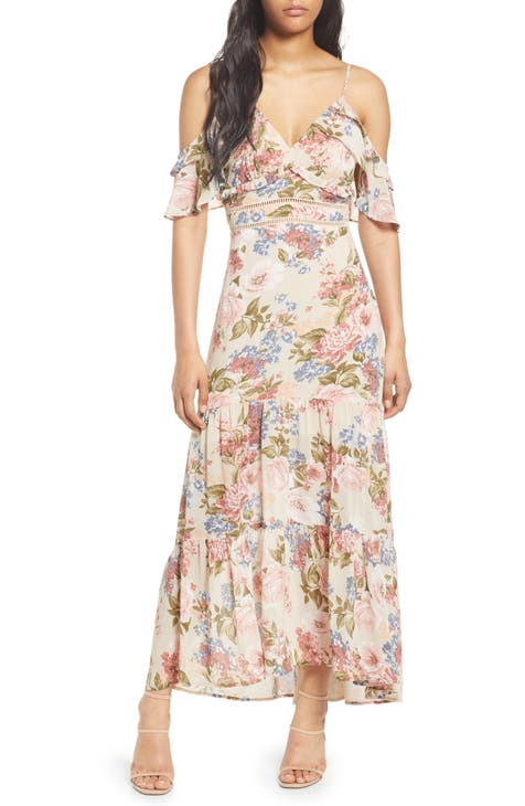 Floral Cold Shoulder Ruffle Maxi Dress