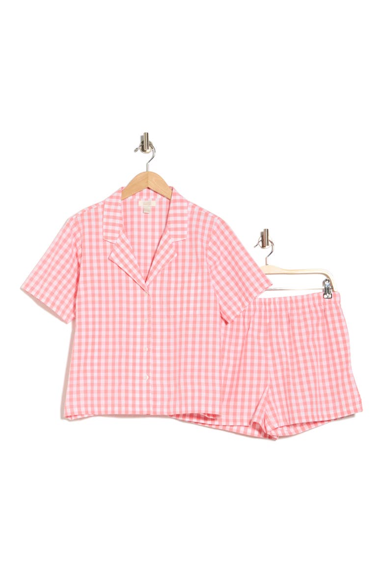 Cotton Short Sleeve Shirt & Shorts Pajamas, Alternate, color, WHITE- PINK Q ELLA GINGHAM