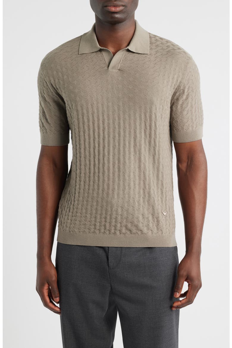 Basket-Weave Stitch Johnny Collar Virgin Wool Polo Sweater, Main, color, SOLID MEDIUM BEIGE
