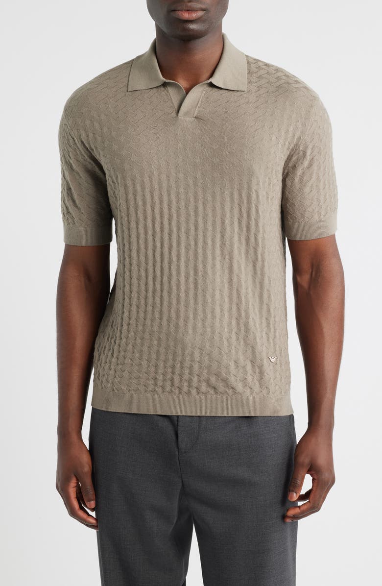 Emporio Armani Basket-Weave Stitch Johnny Collar Virgin Wool Polo Sweater, Main, color, Solid Medium Beige