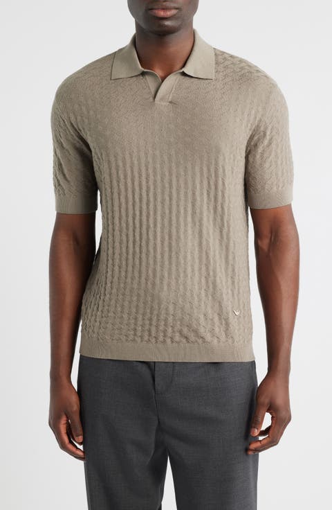 Basket-Weave Stitch Johnny Collar Virgin Wool Polo Sweater