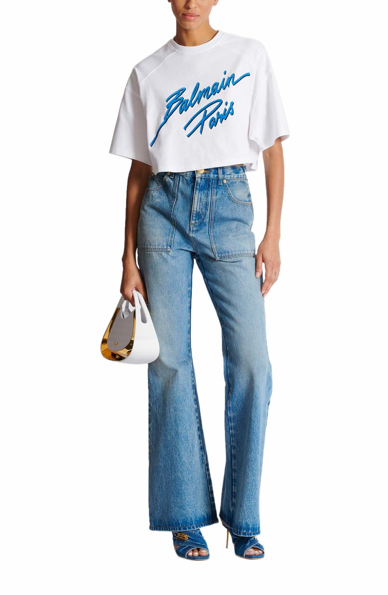 Balmain Cropped T-Shirt With Flocked Balmain Letter Logo, Alternate, color, White