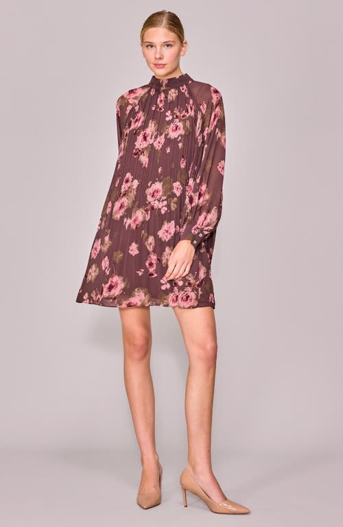 Melloday Floral Print Long Sleeve Minidress In Burgundy
