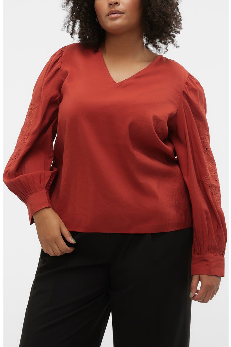 Curve Eyelet Sleeve Top, Main, color, RED OCHRE