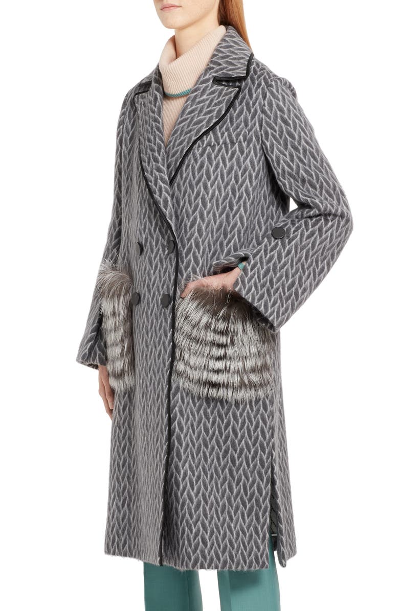 Fendi Double Breasted Wool & Alpaca Blend Coat with Genuine Fox Fur Pockets, Alternate, color,