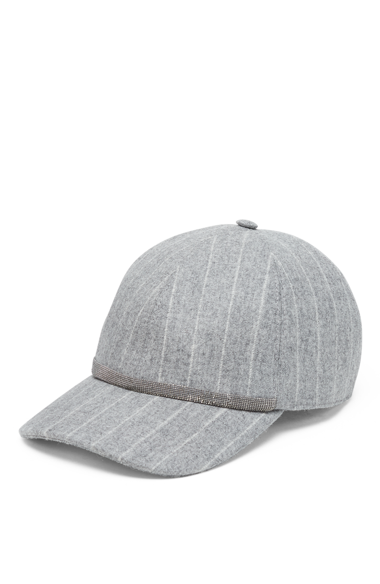Brunello Cucinelli Chalk stripe virgin wool flannel baseball cap with shiny band, Main, color, 