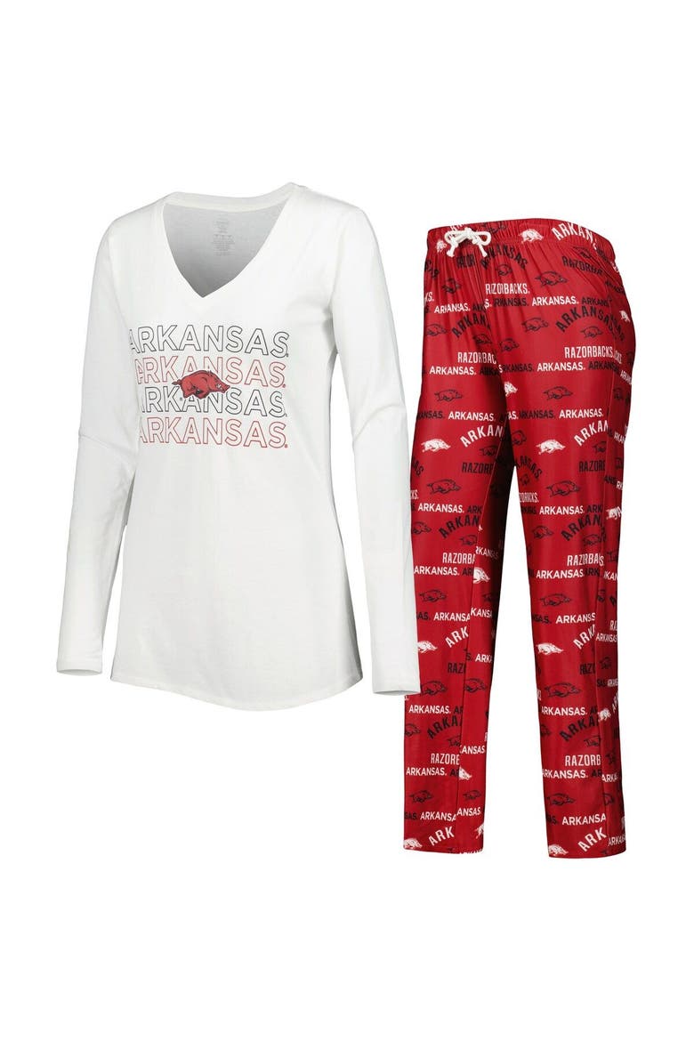 Women's Concepts Sport Cardinal/White Arkansas Razorbacks Breakthrough Allover Print Long Sleeve V-Neck T-Shirt and Pants Sleep Set, Main, color, Cardinal