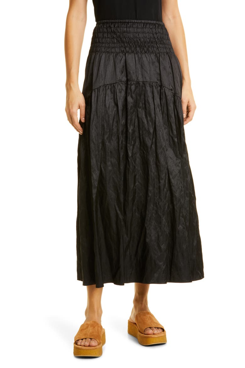 Metallic Smock Waist Tiered Cotton Blend Skirt, Main, color, BLACK