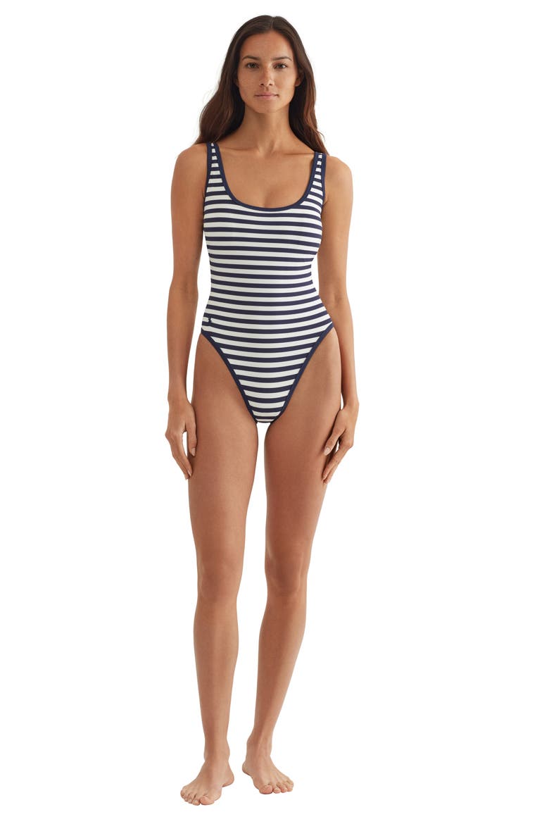 Stripe Scoop One-Piece Swimsuit, Alternate, color, WHITE/NAVY