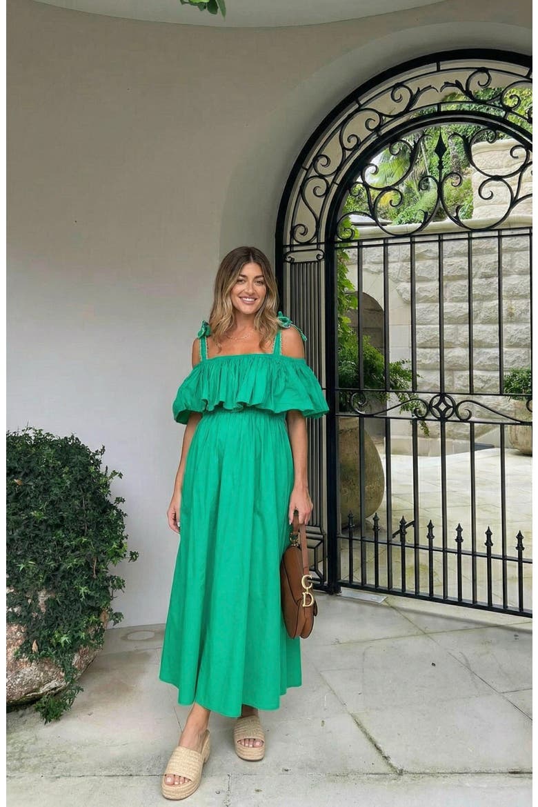 Off Shoulder Ruffle Smocked Midi Dress, Alternate, color, Emerald Green