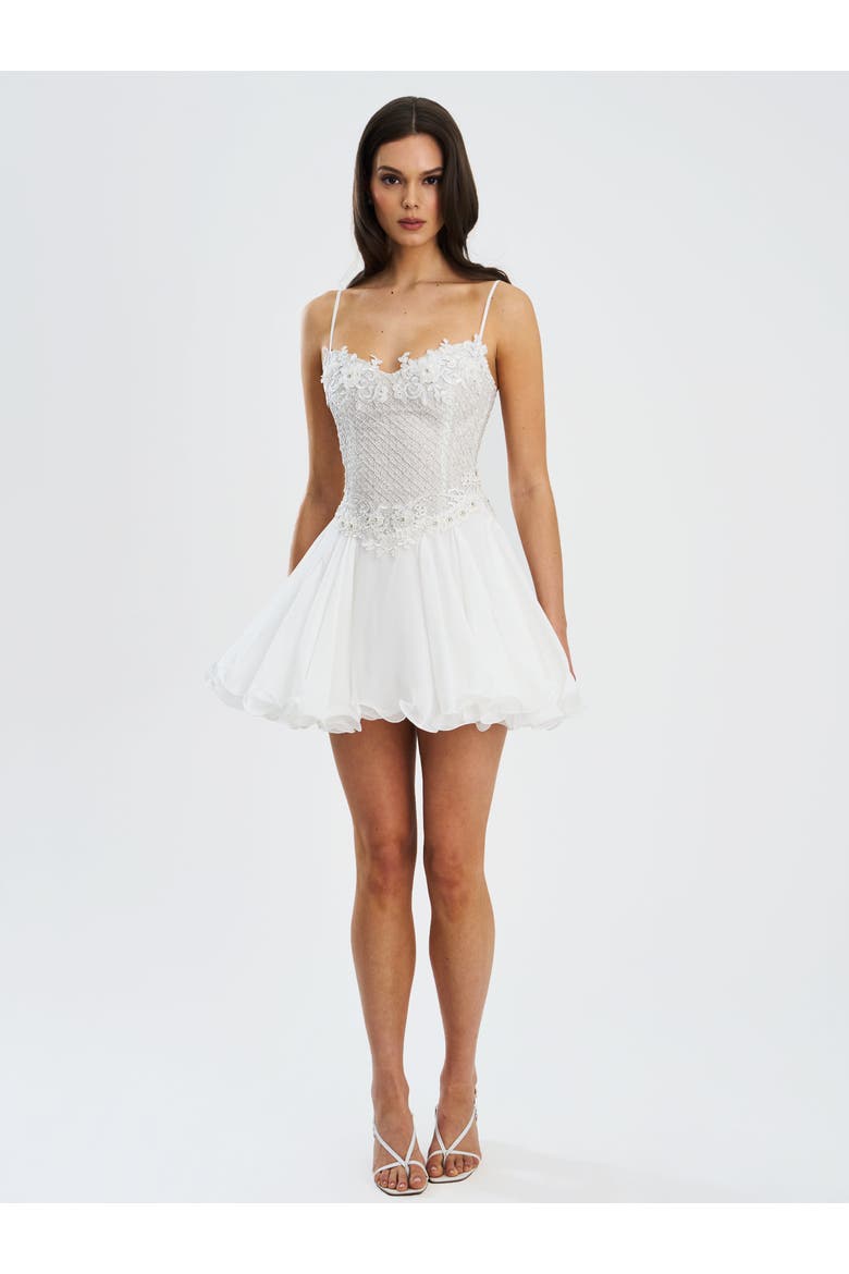 Fabiola Lace Trim Net Top Mini Flare Chiffon Dress, Alternate, color, Silver