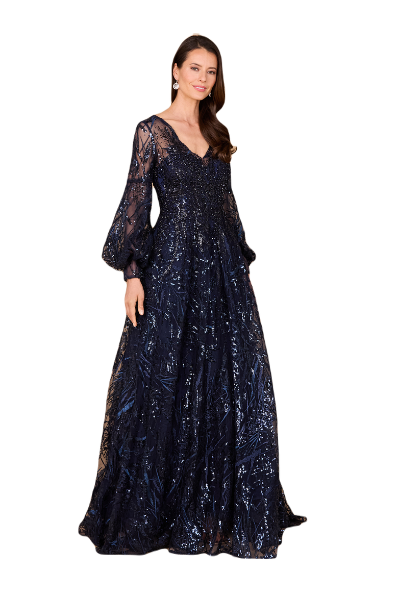 V Neckline Long Sleeve Gown, Main, color, Navy