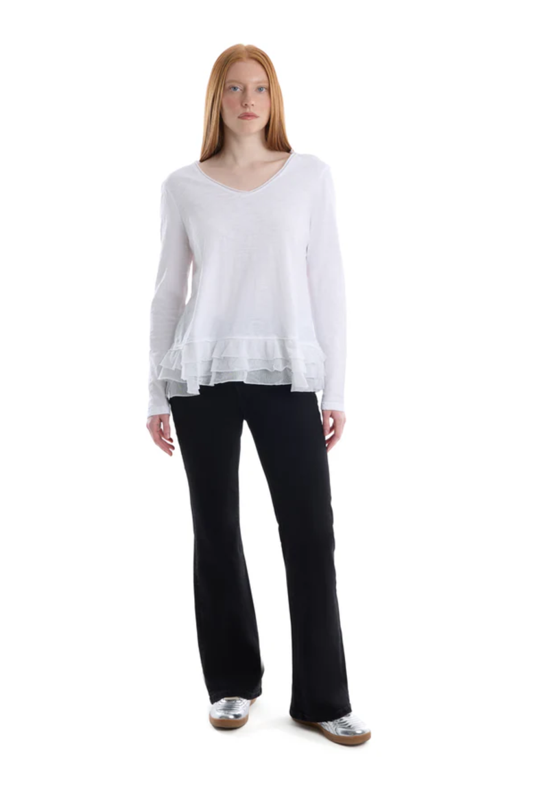 V-Neck Mixed Media Long Sleeve Tee With Ruffle Hem, Alternate, color, White