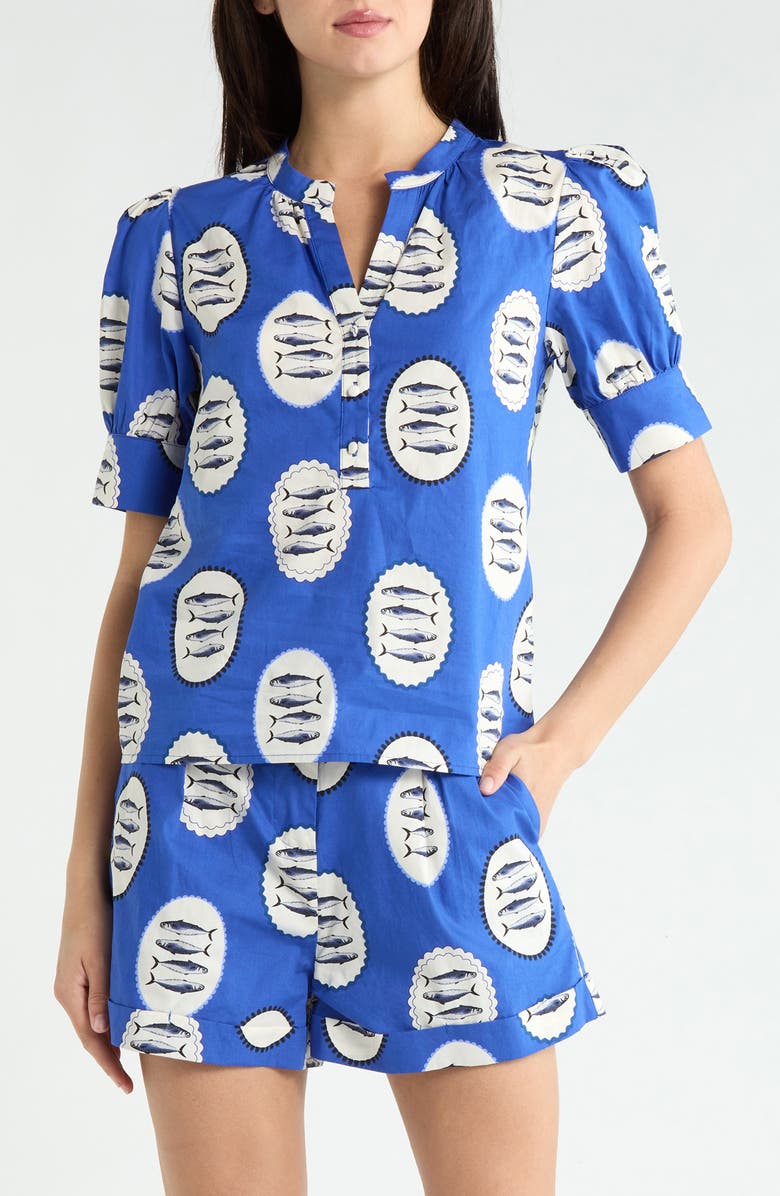 SUGARLIPS Sardine Sea Rosio Puff Sleeve Top, Main, color, Navy-Cream-Black