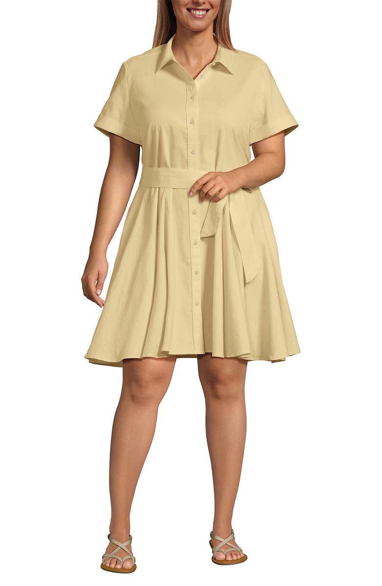 Lands' End Plus Size Linen Blend Button Front Dress with Godets, Main, color, Pale Sunbeam Yellow