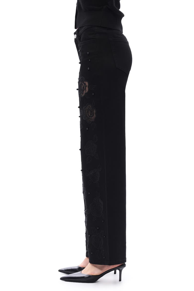 Floral Studded Mid Rise Wide Leg Jeans, Alternate, color, BLACK