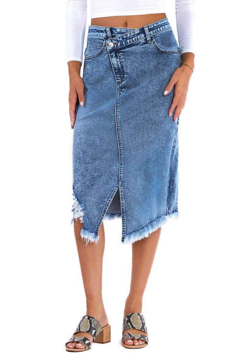 Loaded Crossover Waistband Raw Hem Midi Denim Skirt, Main, color, LOADED BLUE