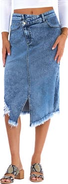 Wash Lab Denim Loaded Crossover Waistband Raw Hem Midi Denim Skirt