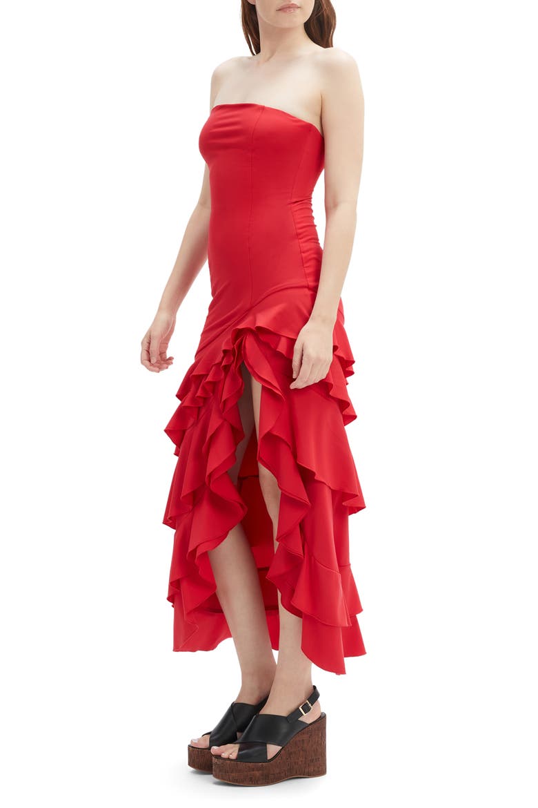 Agastina Ruffle Strapless Maxi Dress, Alternate, color, DEEP RED