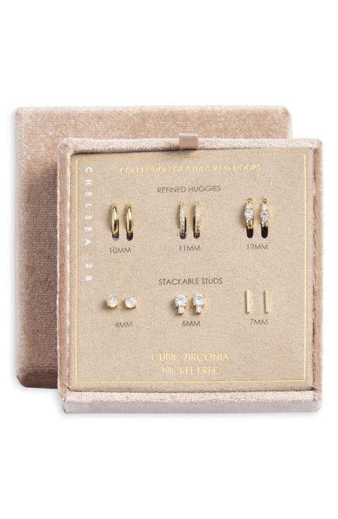Gift Boxed Set of 6 Cubic Zirconia Stud & Huggie Hoop Earrings