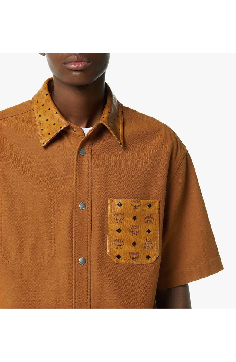 MCM Shirt in Cotton and Monogram Print Leather, Alternate, color, Cognac