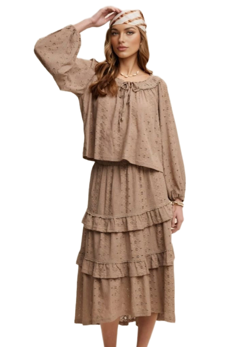Knit and Lounge Eyelet Tiered Boho Skirt and Top Set, Main, color, Taupe