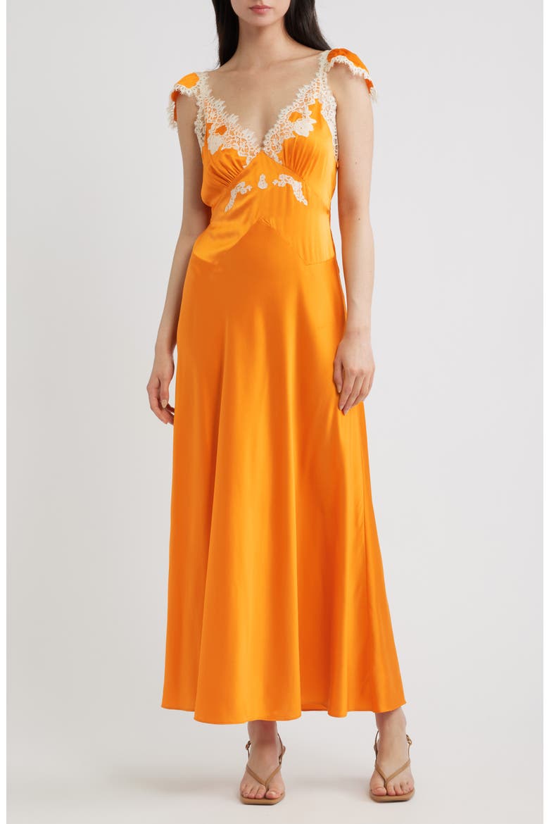 Fiona Lace Trim Silk Blend Maxi Dress, Main, color, TANGERINE