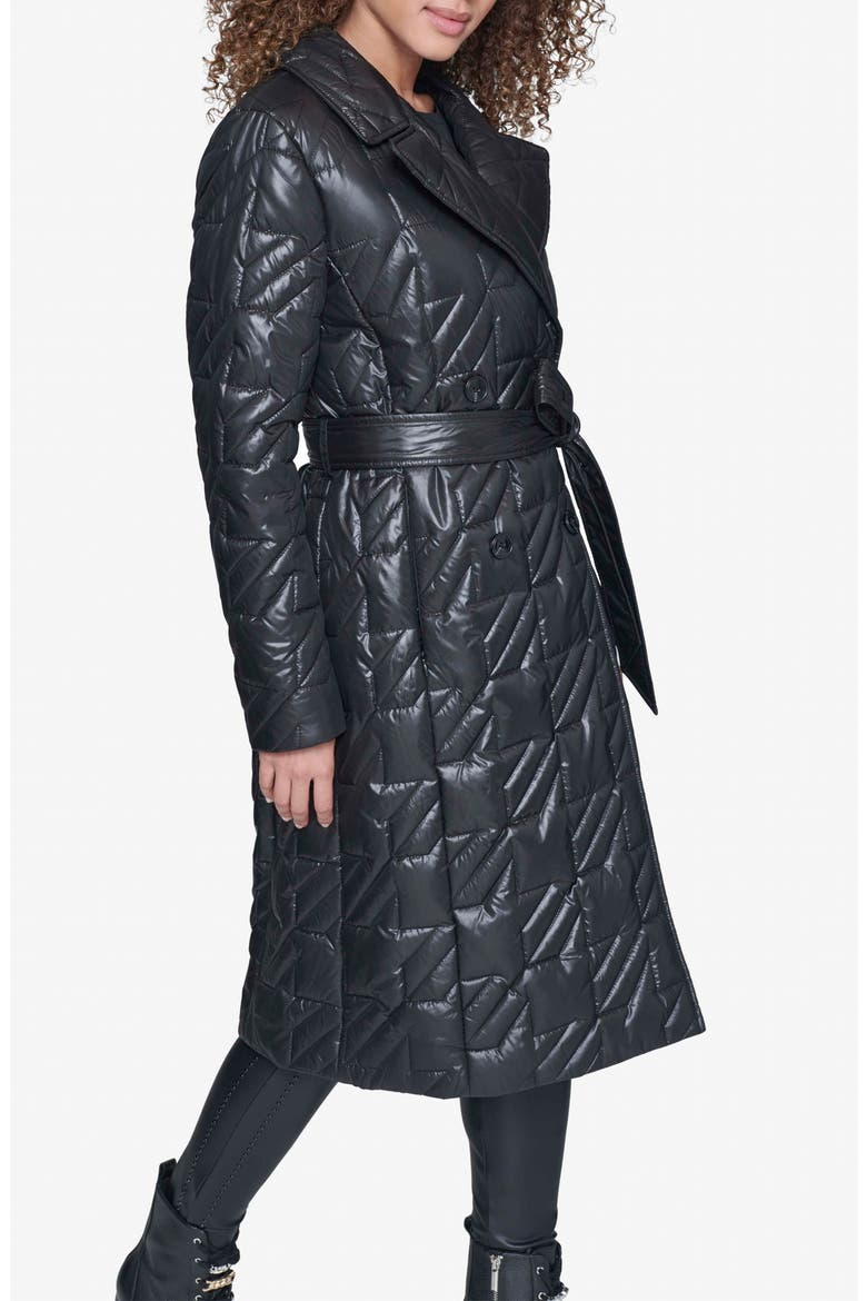 Houndstooth Quilted Tie Belt Double Breasted Trench Coat, Alternate, color, BLACK