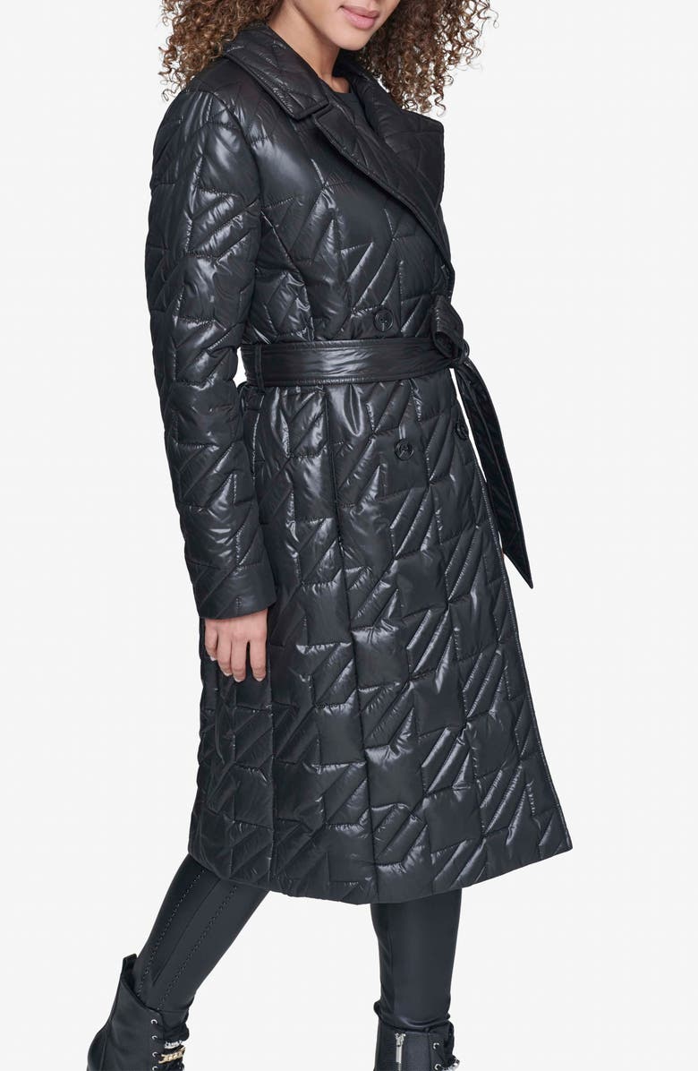 KARL LAGERFELD PARIS Houndstooth Quilted Tie Belt Double Breasted Trench Coat, Alternate, color, Black