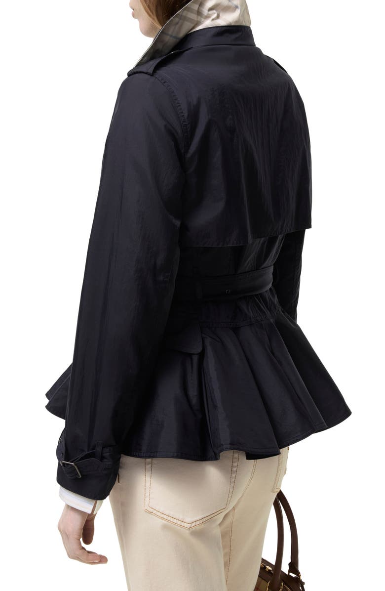 Burberry Pembury Belted Peplum Short Nylon Trench Coat, Alternate, color, Navy