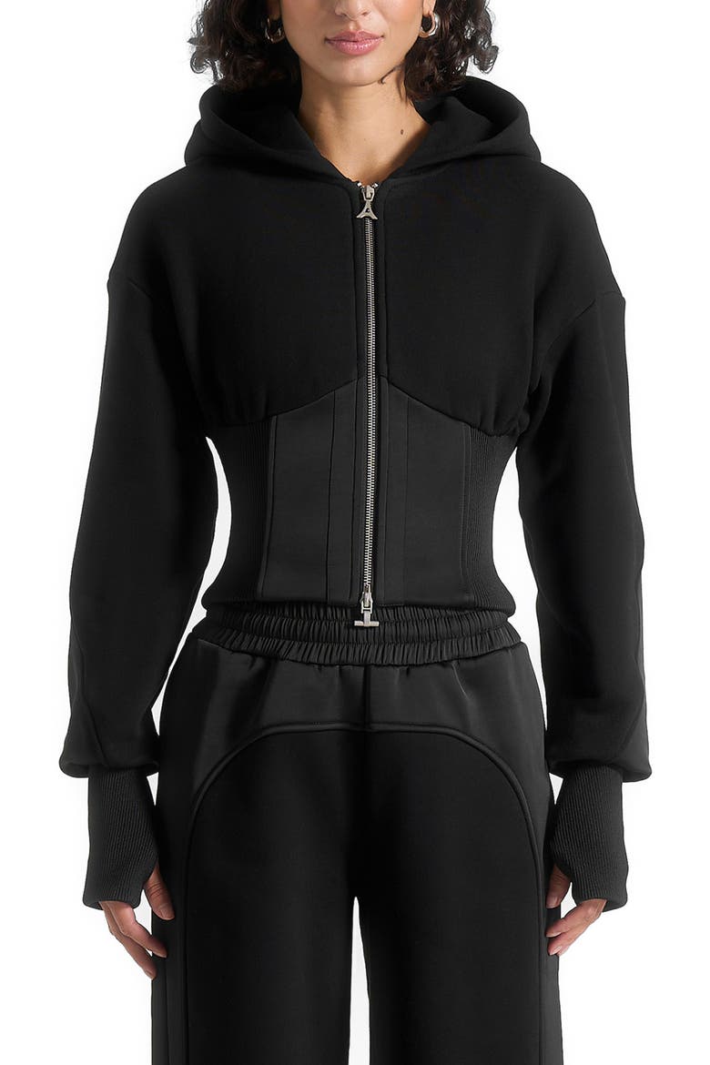 Brune Corset Jersey And Satin Zip Hoodie, Main, color, Black