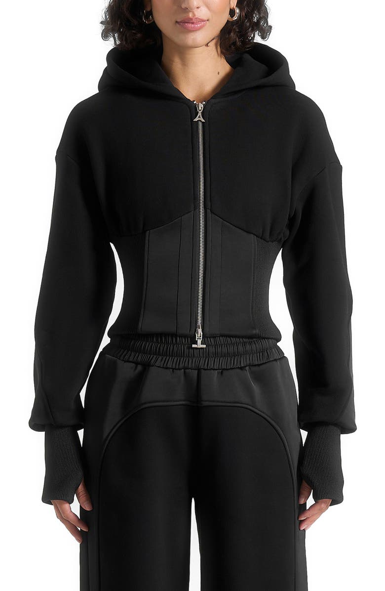 Manière De Voir Brune Corset Jersey And Satin Zip Hoodie, Alternate, color, Black