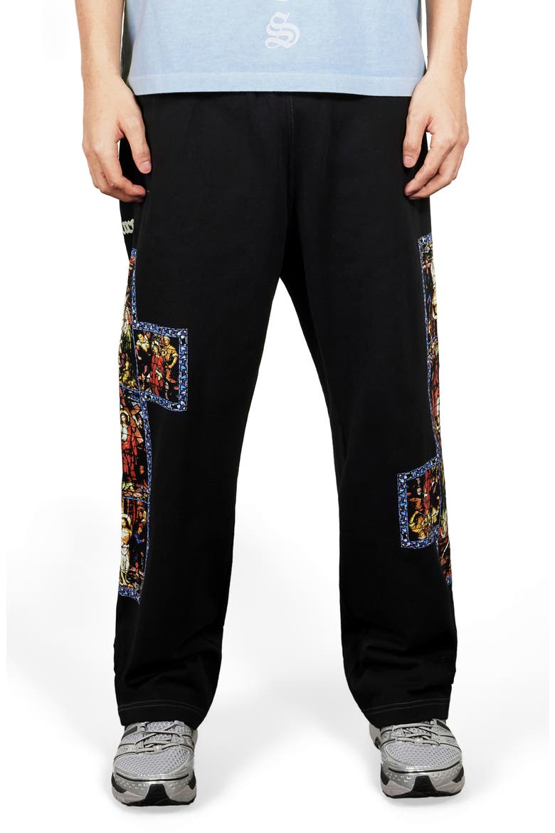 Blasphemy Print Straight Leg Drawstring Sweatpants, Main, color, BLACK