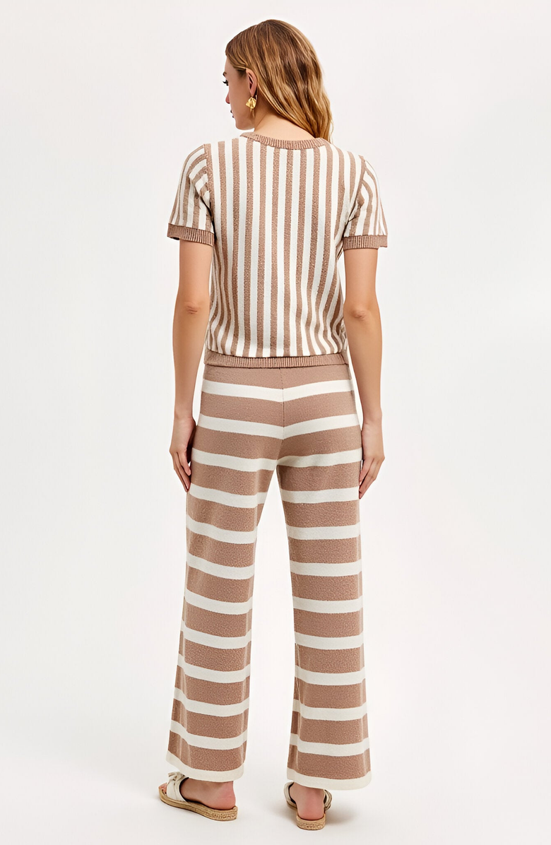 Modenaire Striped Short Sleeve Knit Top and Wide Leg Pants Lounge Set with Drawstring, Alternate, color, Beige / White Stripes